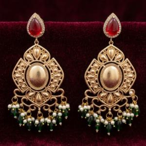 Gold Dangler Earrings (Ruby & Green)