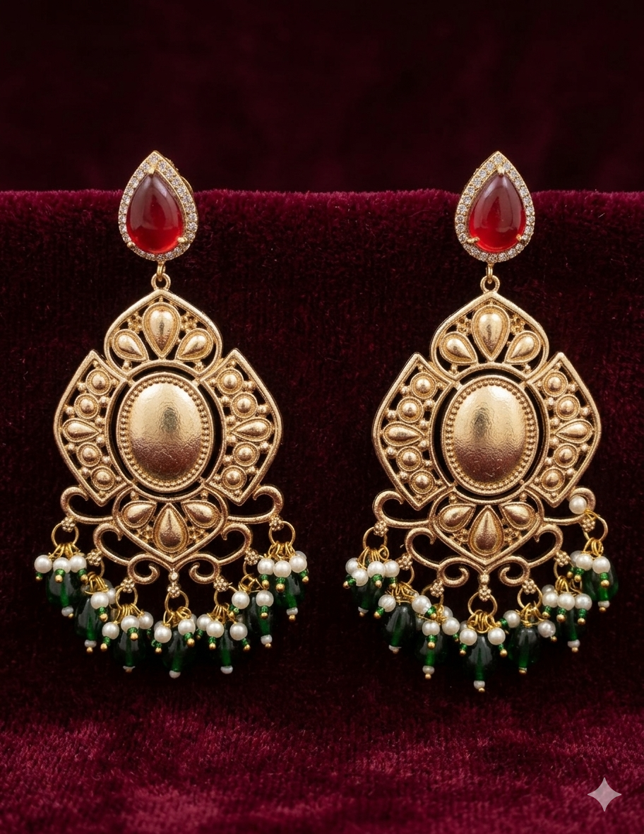 Gold Dangler Earrings (Ruby & Green)