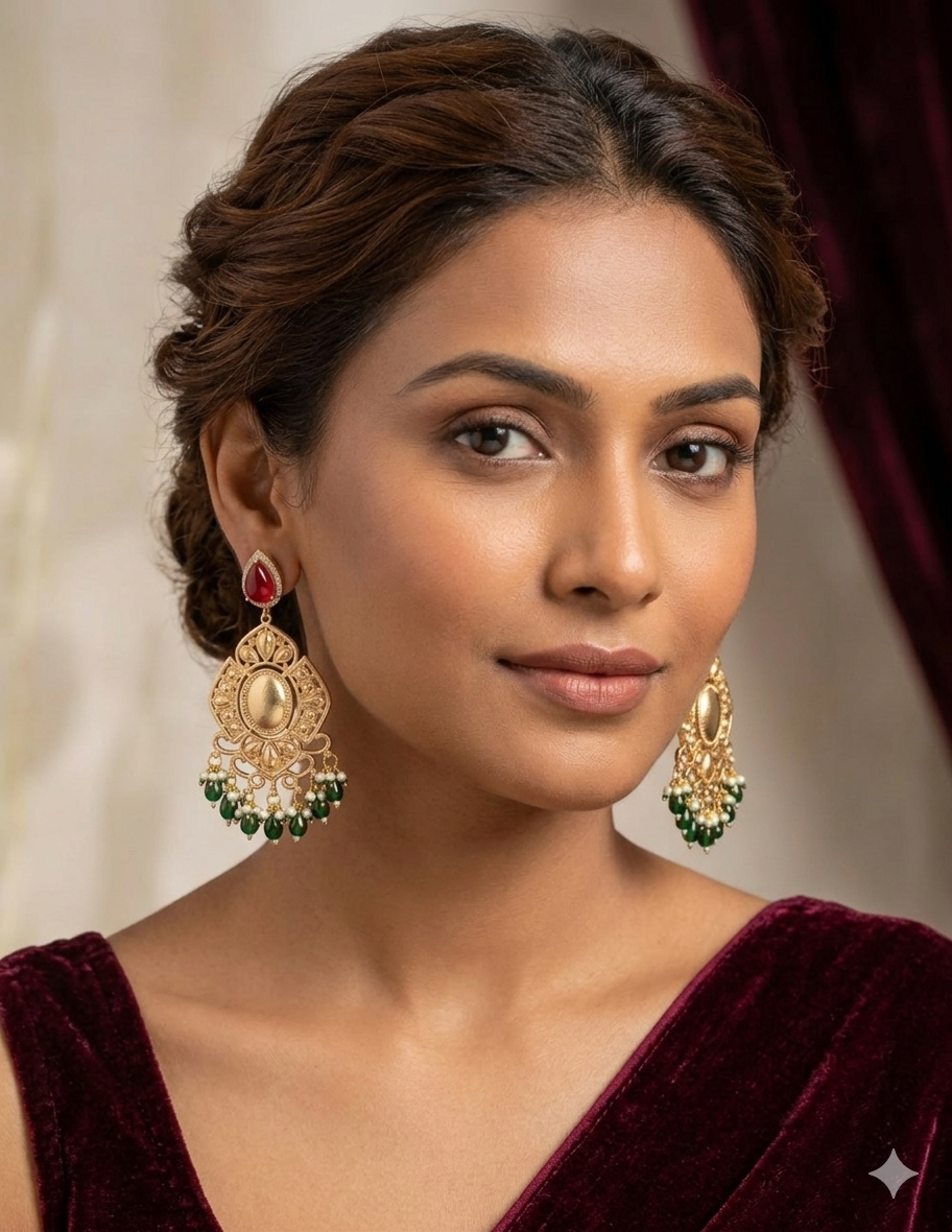 Gold Dangler Earrings (Ruby & Green) - Image 2