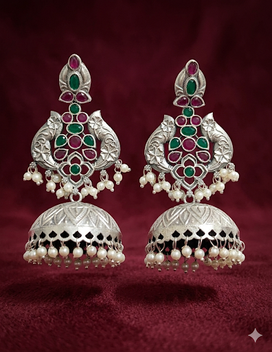 Kinjal Jhumki Earrings (Green & Ruby)