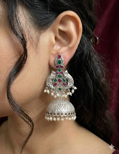 Kinjal Jhumki Earrings (Green & Ruby) - Image 2