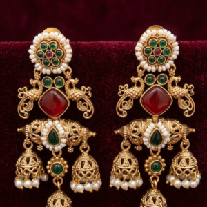 Ikshita Gold Jhumki Earrings (Red & Green)